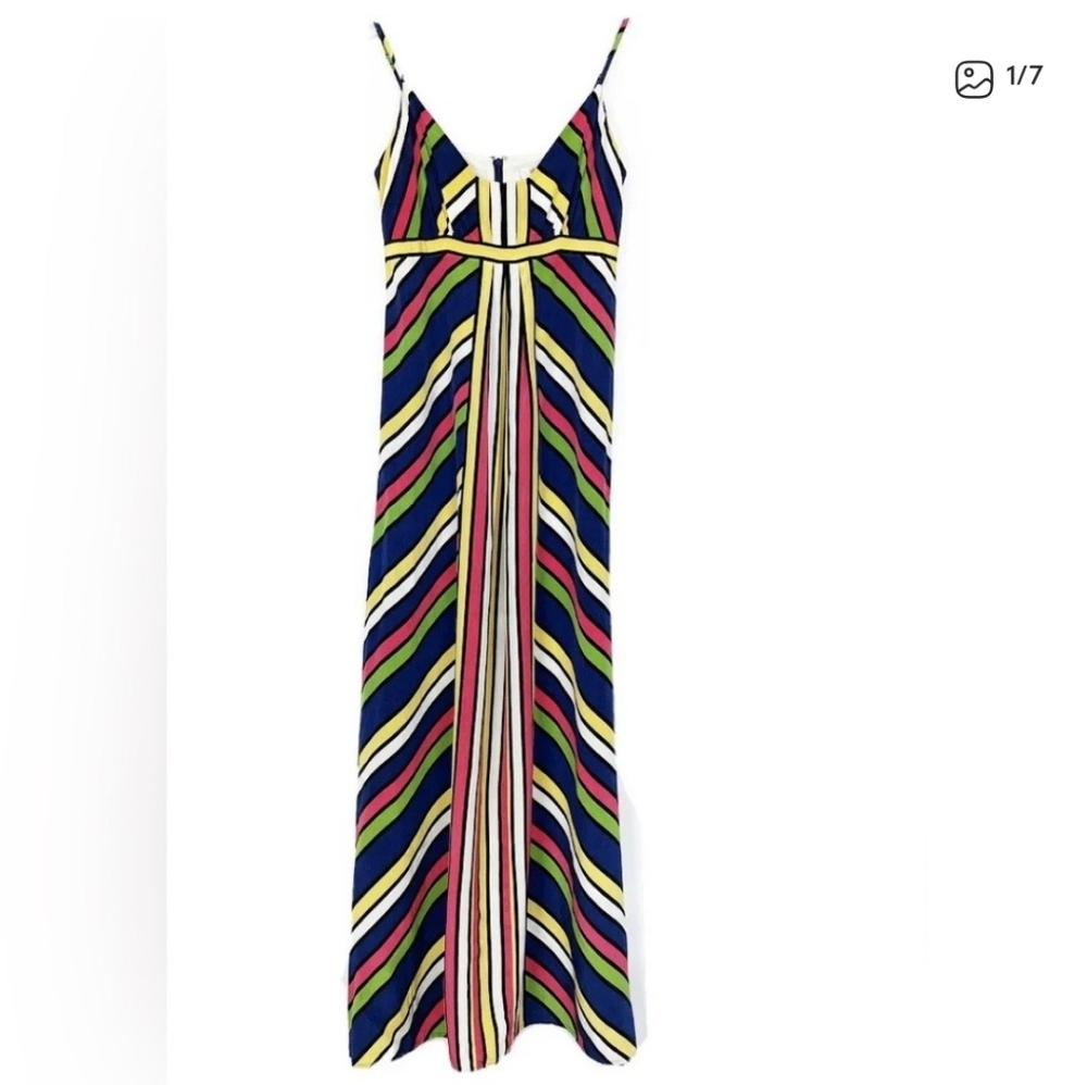Beth Bowley Anthropologie Multicolor Rainbow Stripe Silk Long Maxi Dress -Size 6